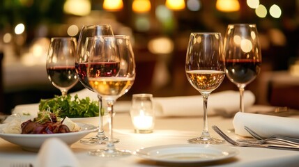 Romantic dinner table setting with wine glasses and food.
