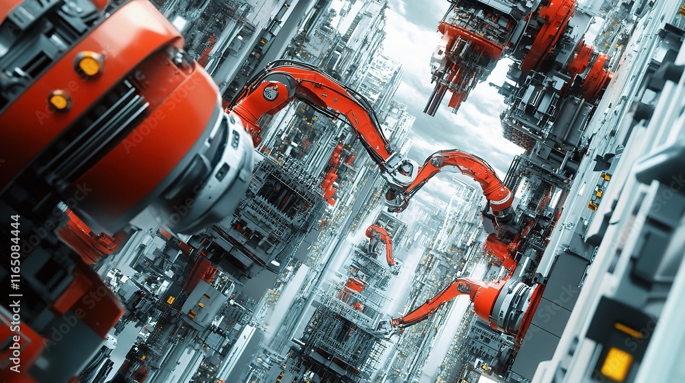 Poster 3d rendering of robotic arms assembling parts in modern factory