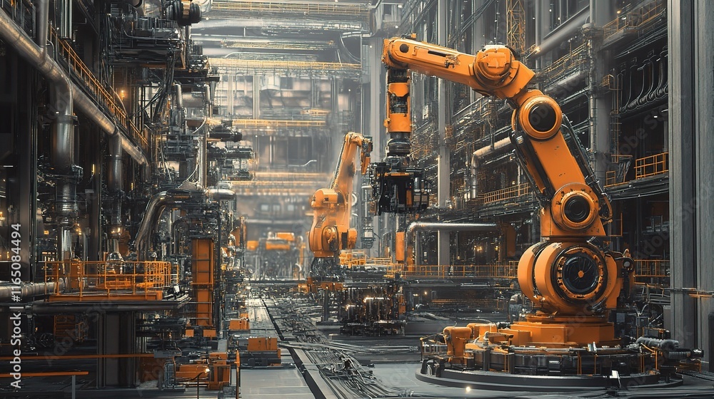 Poster detailed digital rendering of an automated industrial complex
