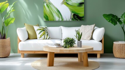 Modern living room with white sofa, wooden coffee table, and green plants.