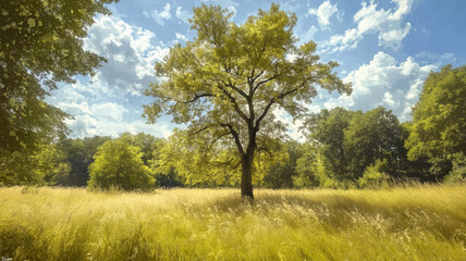 Obraz premium Solitary tree in sun-drenched meadow