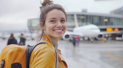 Canadian woman in leather jacket smiling about to travel by airplane at airport