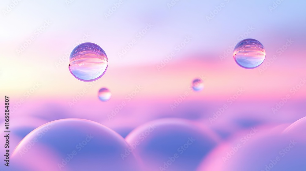 Poster droplets abstract background idea. a serene landscape of droplets resting on soft clouds during a pa