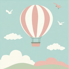 A whimsical illustration of a hot air balloon floating in a serene sky with clouds and birds.