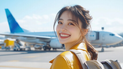 Japanese woman in leather jacket smiling about to travel by airplane at airport