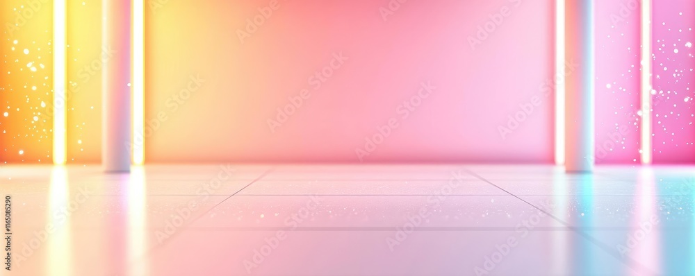 Poster Sparkle abstract background concept. Vibrant abstract background with colorful lights and a sleek shiny floor for creative designs.