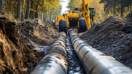 Heavy Equipment Laying Steel Pipelines in Industrial Zone Landscape