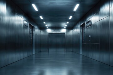 Fototapeta premium A large, empty, dark hallway with metal walls and a metal door