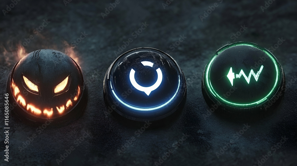 Poster glowing symbols on dark surface, mysterious interface with halloween icon, refresh button, and wavef
