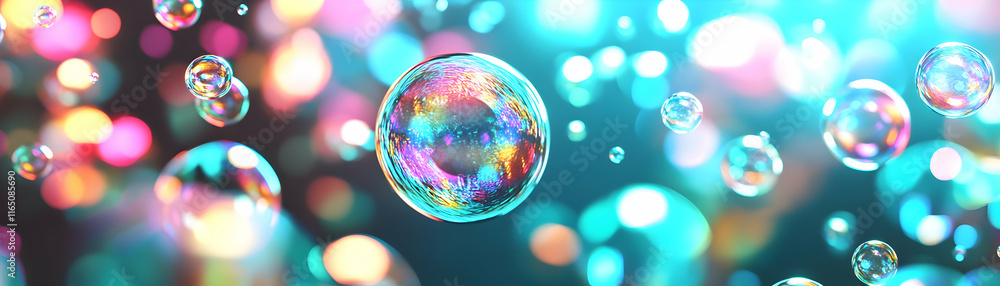 Poster iridescent bubbles float in a colorful, dreamlike setting
