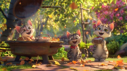 Three cheerful animated kittens enjoying a barbecue in a vibrant garden.
