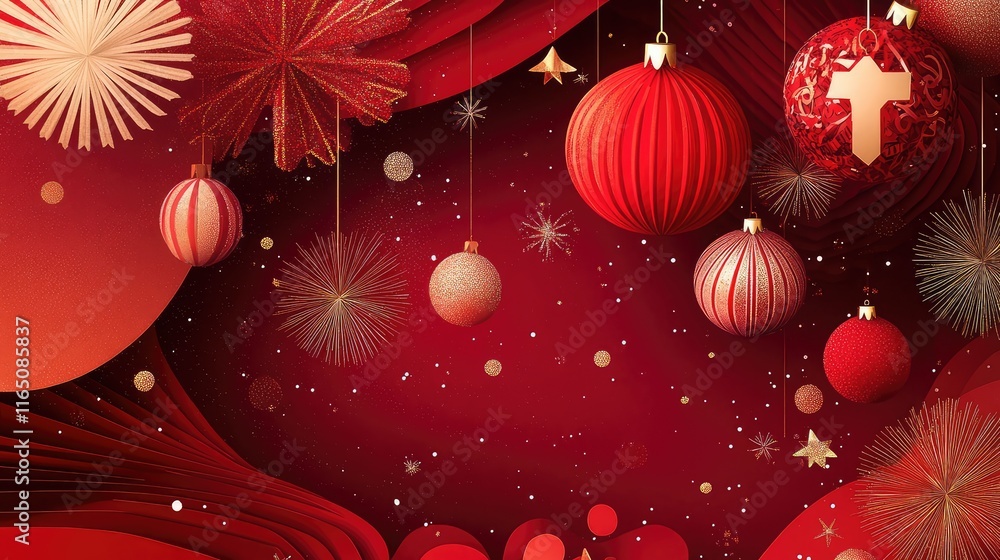 Poster bold red abstract graphics with festive elements like sparkles and glowing orbs, symbolizing the new