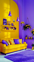 Vibrant Yellow & Purple Living Room Decor, A Bold & Cheerful Interior Design with Flower Accents, Plush Sofa, & Pendant Lights.