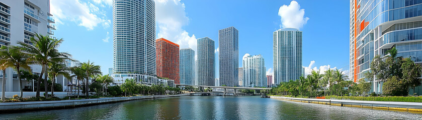 Obraz premium Urban Skyline, Cityscape with Modern Highrises, Palm Trees, and Calm Water