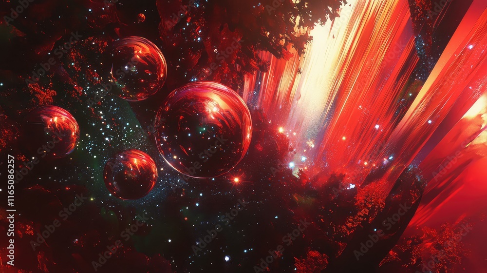 Fototapete bold red abstract graphics with festive elements like sparkles and glowing orbs, symbolizing the new