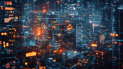 Nighttime Industrial Complex with Digital Overlay in Urban Setting