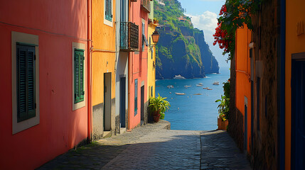 Fototapeta premium Coastal Italian Alleyway, Sunlit Buildings, Sea View, Boats