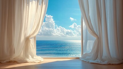 Curtains billowing softly in an open window with a view of the ocean