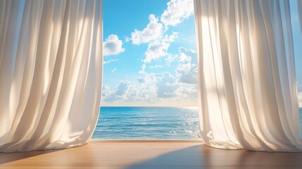 Curtains billowing softly in an open window with a view of the ocean