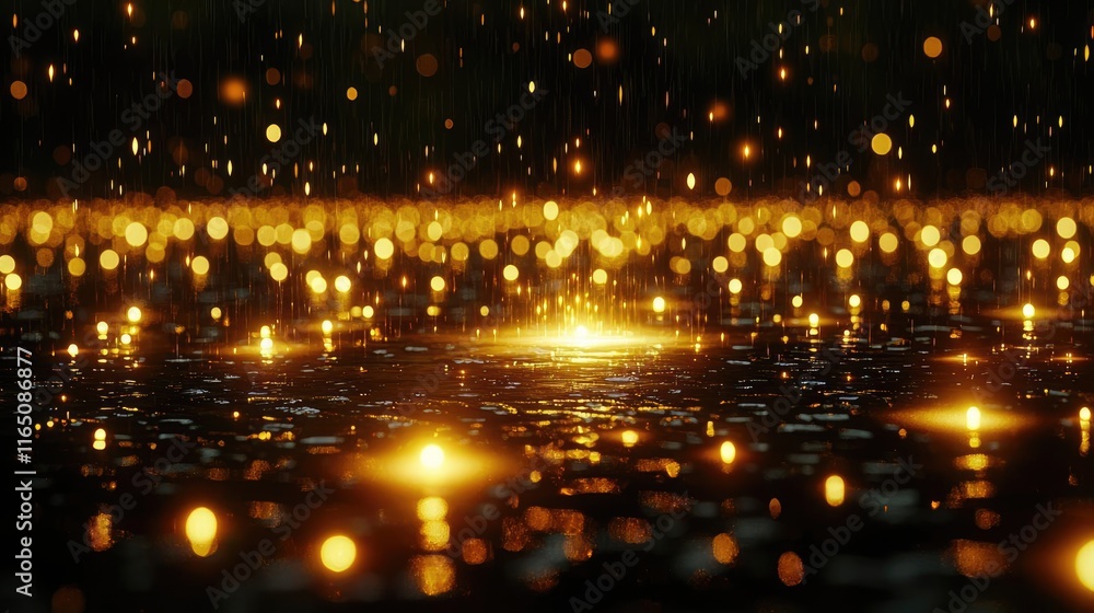 Poster droplets abstract background idea. beautiful golden glittering lights reflecting on a calm water sur