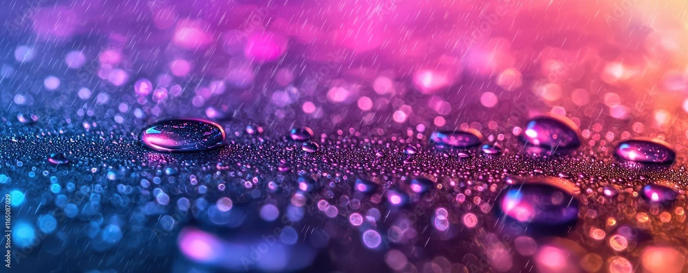 Poster Droplets abstract background idea. Colorful droplets of water on a vibrant surface create a mesmerizing visual effect.