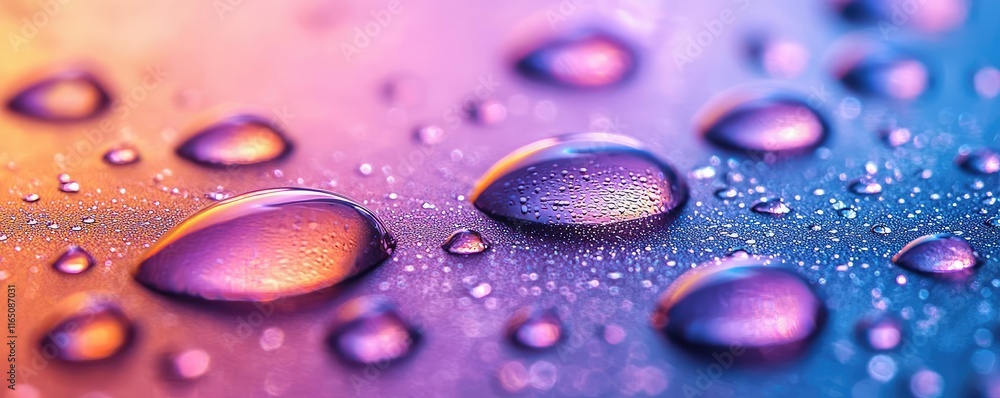 Poster droplets abstract background idea. close-up of colorful water droplets on a surface reflecting vibra
