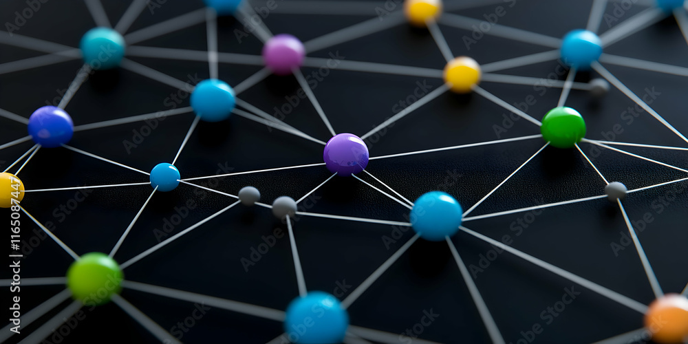 Poster interconnected colorful spheres network, a visual representation of global communication & collabora