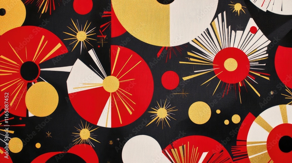 Poster bright abstract patterns with new year motifs, combining bold red and gold geometric shapes for a fe