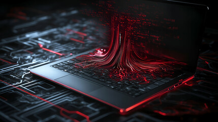 Digital Data Streams Flowing from Laptop Screen, Illuminating Keyboard with Red Glowing Lines.  Cybernetic Technology Advances Rapidly.
