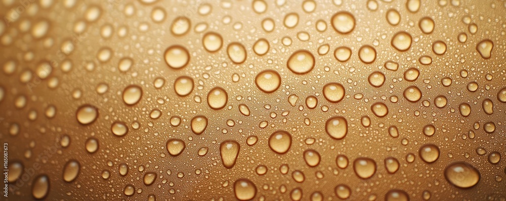 Poster droplets abstract background idea. close-up of water droplets on a golden surface, showcasing textur