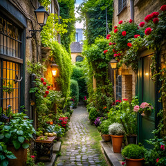 Fototapeta premium A charming cobblestone path lined with lush greenery and vibrant flowers leads through a picturesque European alleyway.