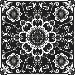 A symmetrical black and white floral pattern featuring intricate designs and motifs.