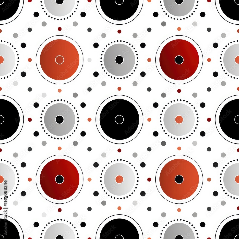 Poster a repeating pattern of circles in various colors on a white background.