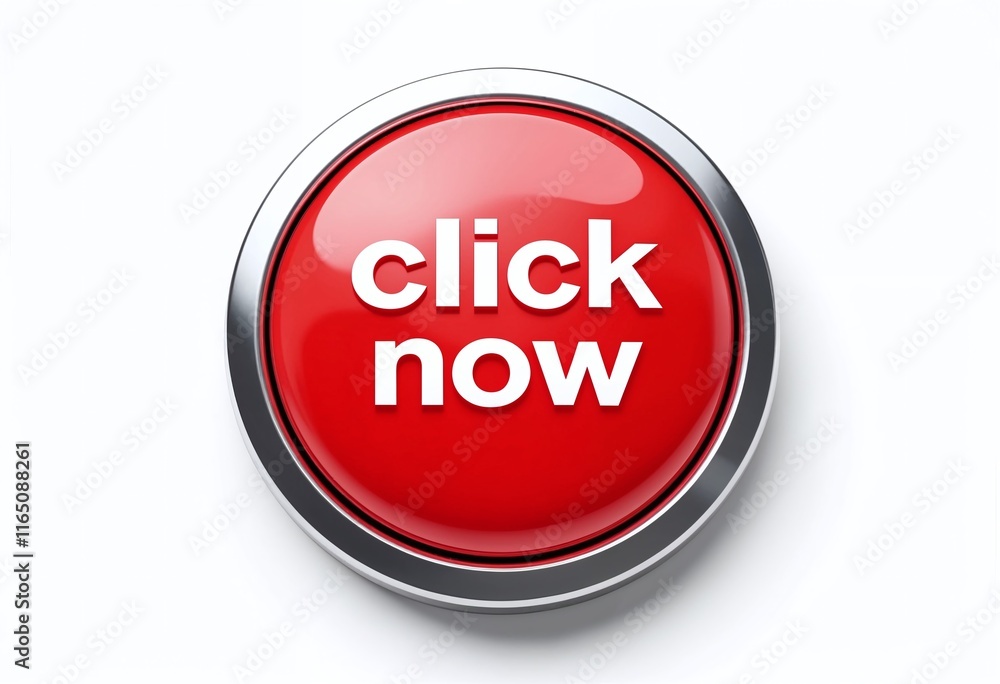 Fototapete bright red button with white text urging immediate action, featuring a metallic rim against a white 