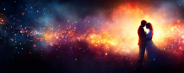 Naklejka premium Eternal Love, Couple Embraces Amidst Cosmic Fire, Passionate and Magical Romance in a Starry Night.