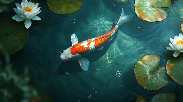 A koi fish swimming slowly in a serene pond with lily pads