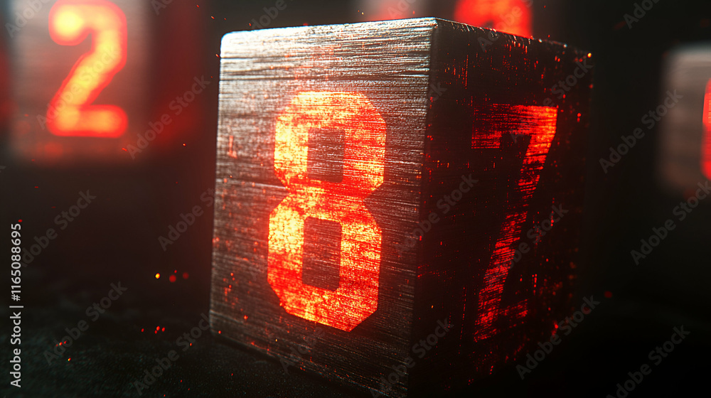 Poster glowing number 87 on dark cube: mysterious countdown sequence. digital display, enigma, mystery, red