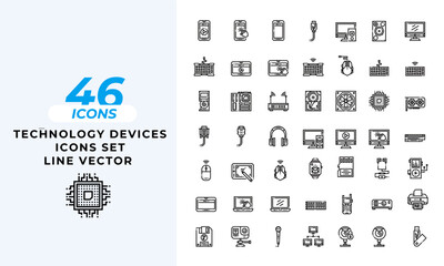 A set of line icons related to Technology Devices cons.  app, business, computer service, concept, design, development, and so on others.