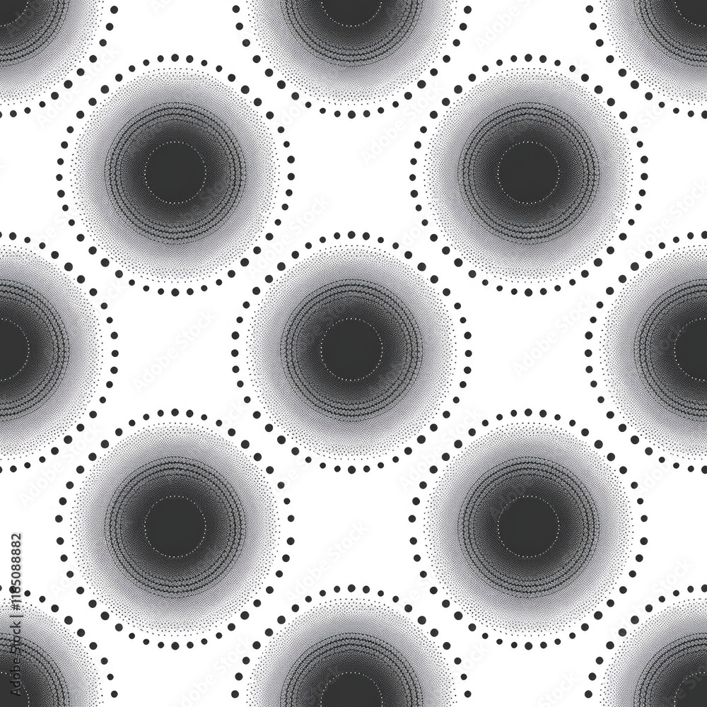 Poster a seamless pattern featuring concentric circles in grayscale on a white background.