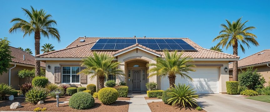 Modern suburban house with solar panels on the roof surrounded by palm trees under a clear blue sky.