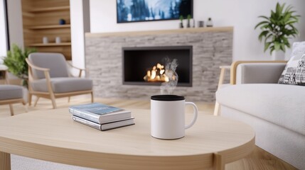 Cozy living room with fireplace, coffee mug, and books.