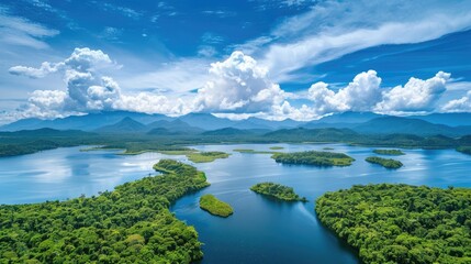 Obraz premium Aerial view of a lush, green landscape with islands in a serene body of water under blue skies.