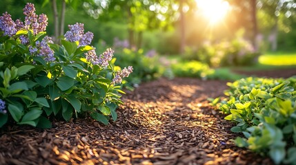 A freshly mulched garden bed featuring rich green evergreen shrubs and budding lilacs in soft lavender hues, sunlight streaming gently over the mulch and foliage,