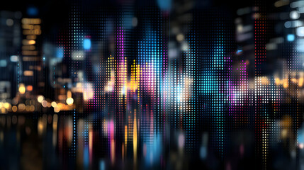 Obraz premium Vibrant Cityscape, Digital Lights Reflecting on Water, Showing Data Visualization with Bright Colorful Pixels.