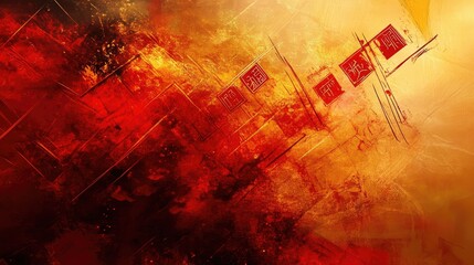 Naklejka premium Chinese calligraphy in delicate gold, layered with abstract geometric red shapes and glowing accents.