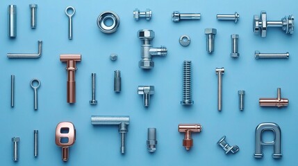 Neatly Arranged Plumbing Tools and Fittings on Blue Background