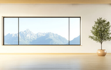 Mountain view from a minimalist room with natural lighting and potted plant