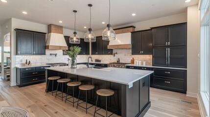 Modern kitchen featuring dark cabinetry, a large island, and stylish pendant lighting.