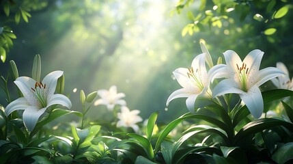 Fototapeta premium A garden bed framed by evergreen foliage, with soft sunlight highlighting the growth of lilies, their fresh blooms glowing in white, rich textures of leaves and petals,