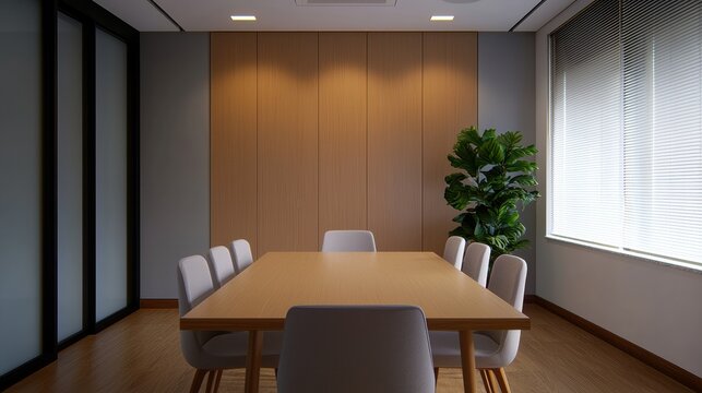 Empty conference room with wooden table and chairs, creating a calm and efficient workspace